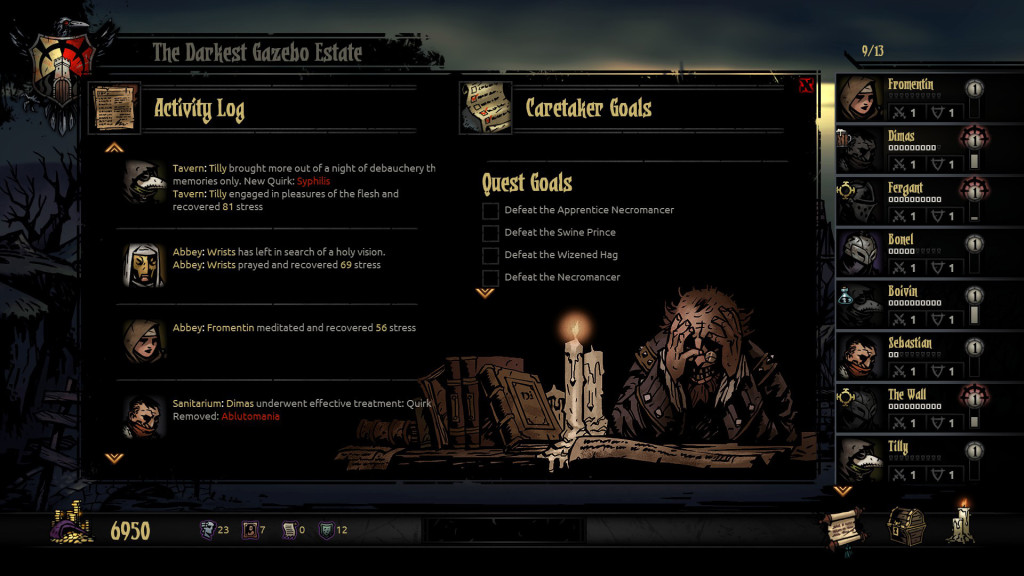 An overview from the estate screen, an at-a-glance log of your progress and adventurer activities.